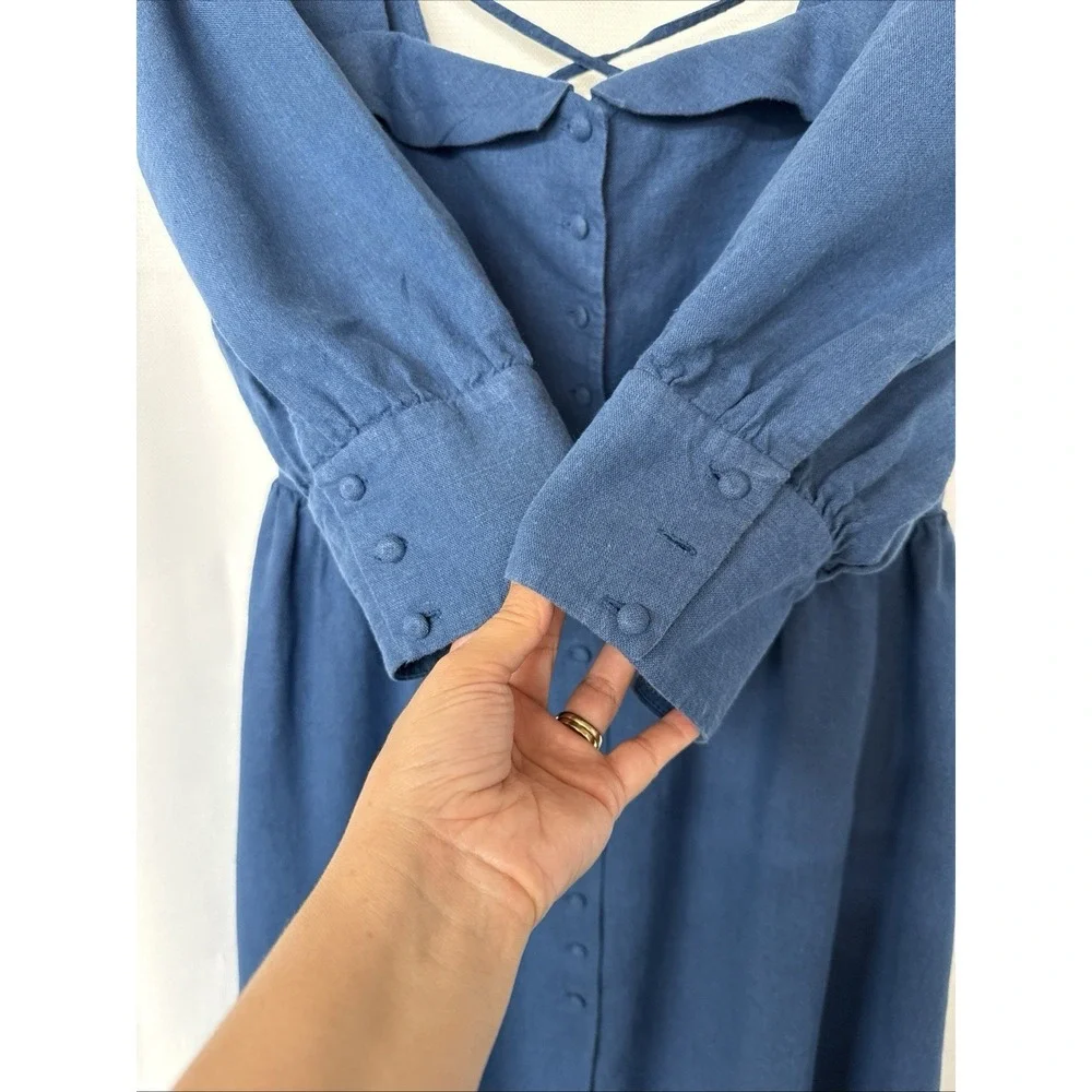 Gaala Paris Esther Midi Button Down Dress Sz 42 Blue Linen Cotton Blend Pockets